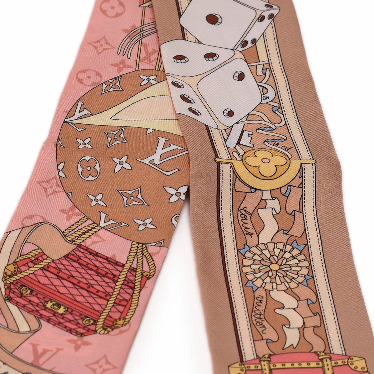Louis Vuitton pink and beige silk scarf with playful dice and handbag prints, curated Pre-loved Luxury by Myluxe in Helsinki.