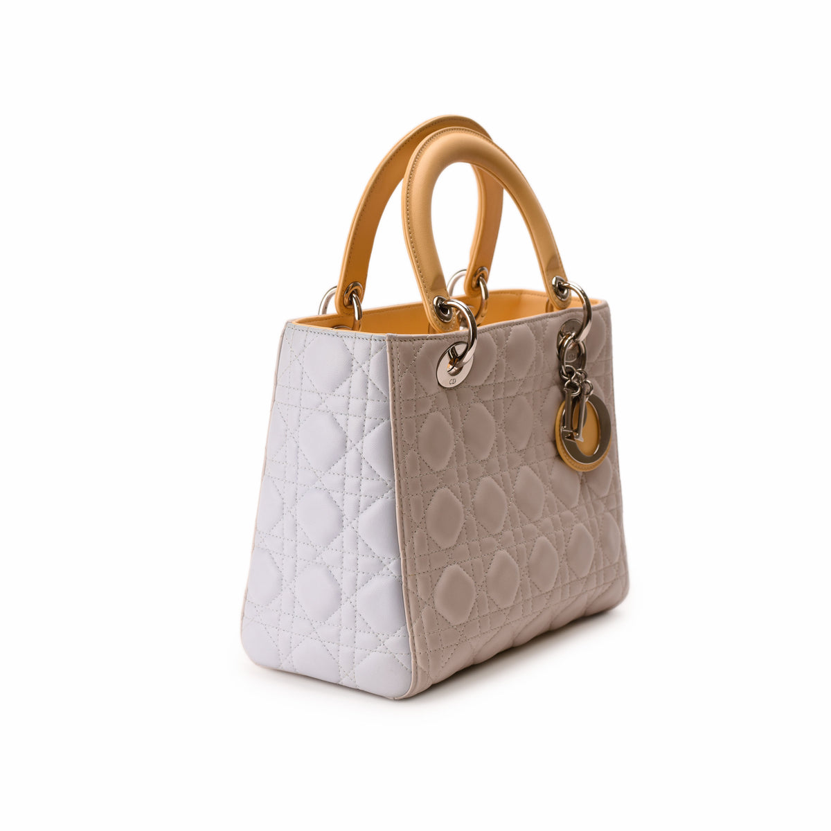 Christian Dior Lady Dior quilted leather handbag in grey and tan, curated Pre-loved Luxury by Myluxe in Helsinki.