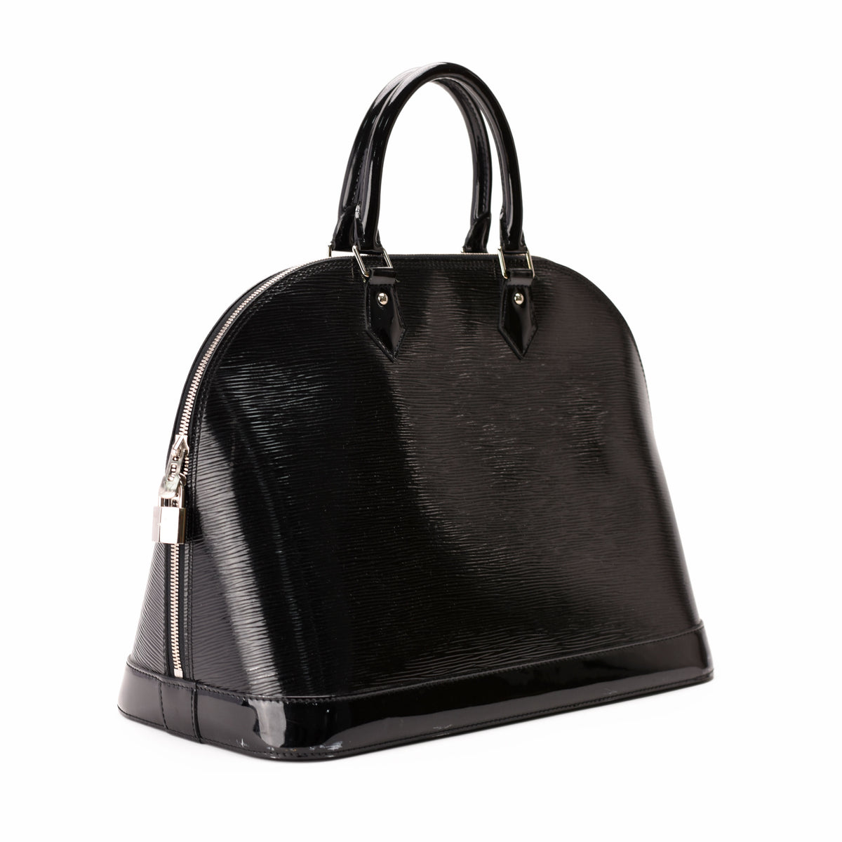 Black patent leather dome handbag with silver hardware, curated Pre-loved Luxury by Myluxe in Helsinki.