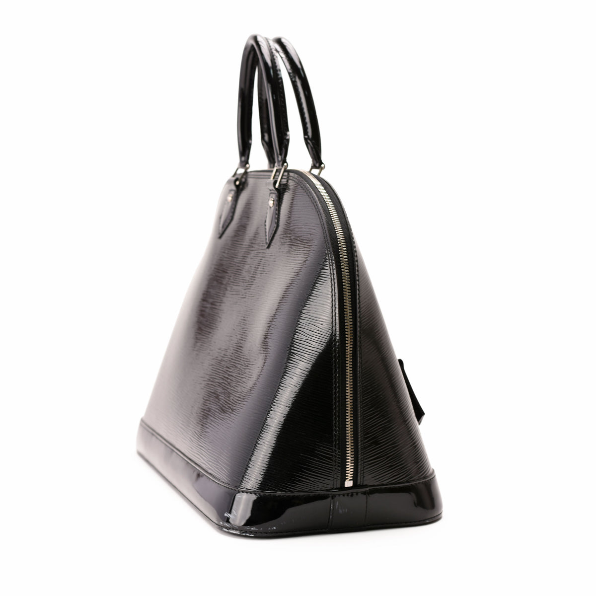 Black patent leather dome handbag with dual top handles, curated Pre-loved Luxury by Myluxe in Helsinki.