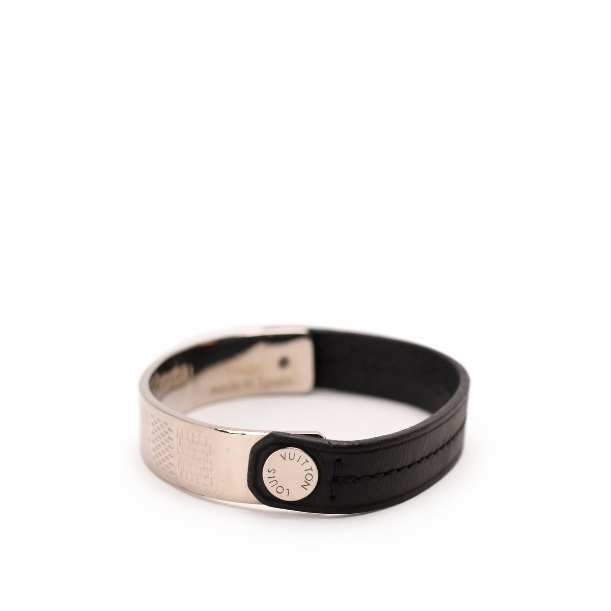 Louis Vuitton silver-tone metal and black leather bracelet, curated Pre-loved Luxury by Myluxe in Helsinki.