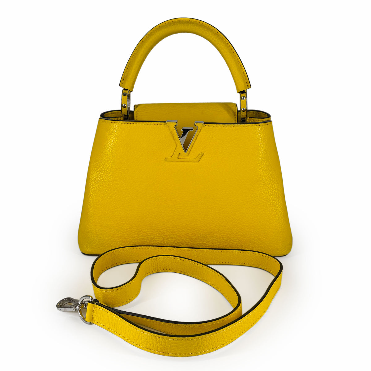 Yellow pebbled leather Louis Vuitton handbag with silver hardware, curated Pre-loved Luxury by Myluxe in Helsinki.