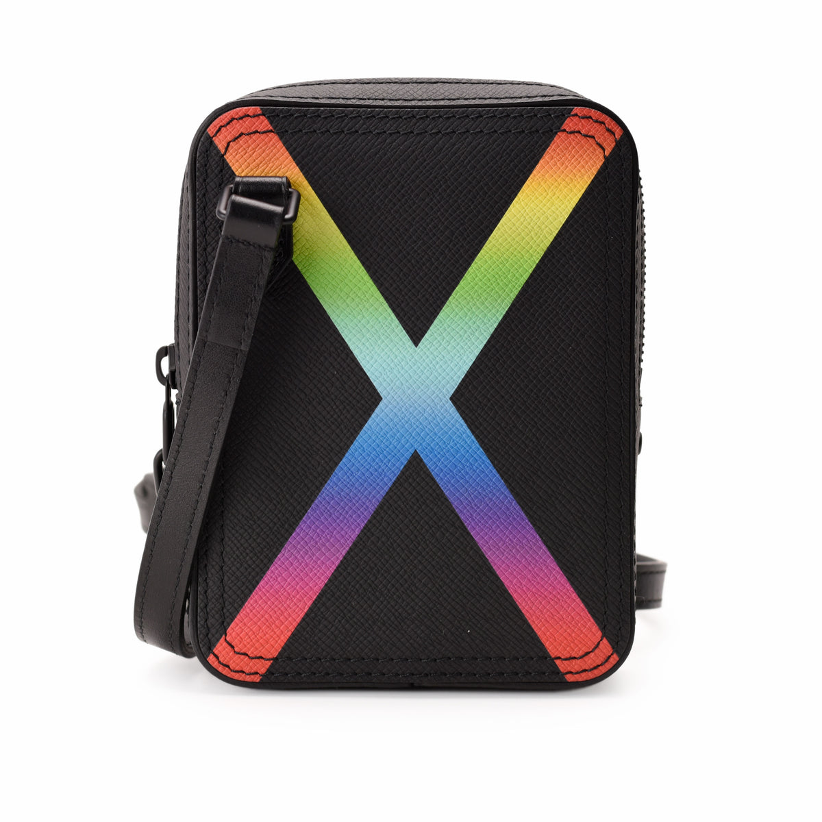 Black textured leather crossbody bag with a vibrant rainbow X design, curated Pre-loved Luxury by Myluxe in Helsinki.