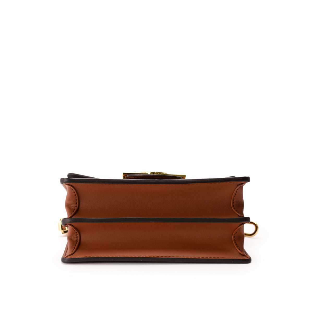 Brown leather structured clutch bag with gold-tone hardware, curated Pre-loved Luxury by Myluxe in Helsinki.