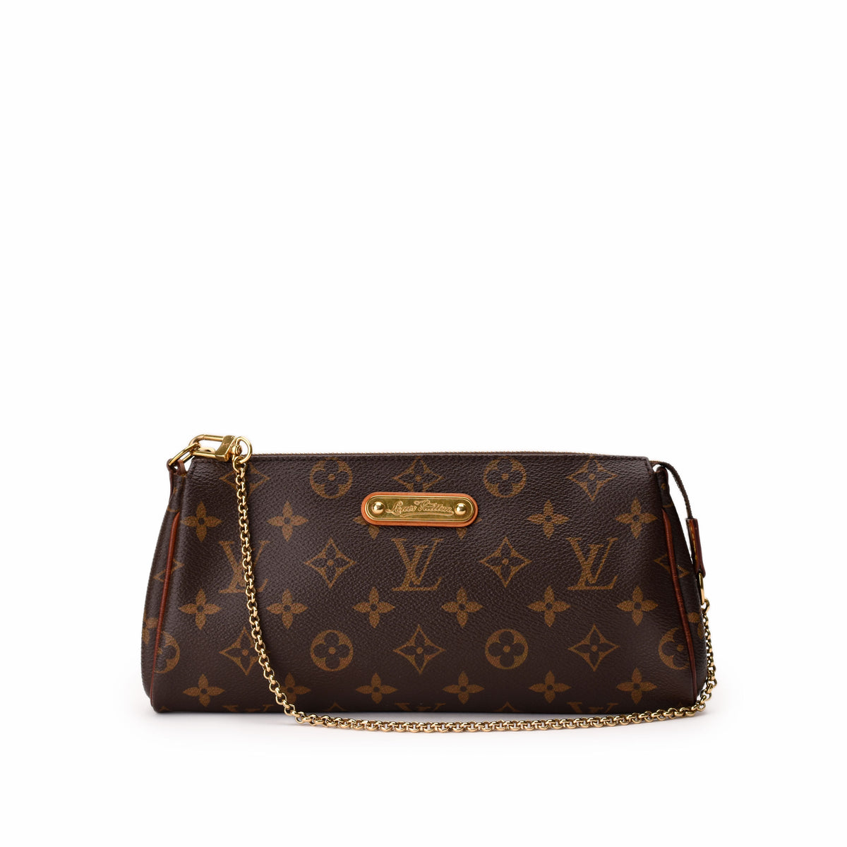 Brown Louis Vuitton monogram canvas clutch bag with gold-tone chain strap, curated Pre-loved Luxury by Myluxe in Helsinki.