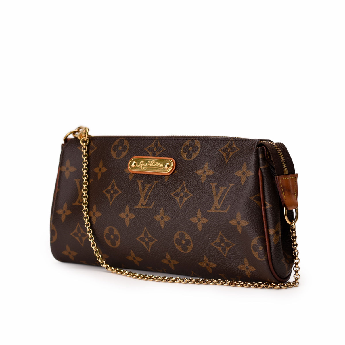 Brown Louis Vuitton monogram canvas clutch with gold-tone chain strap, curated Pre-loved Luxury by Myluxe in Helsinki.