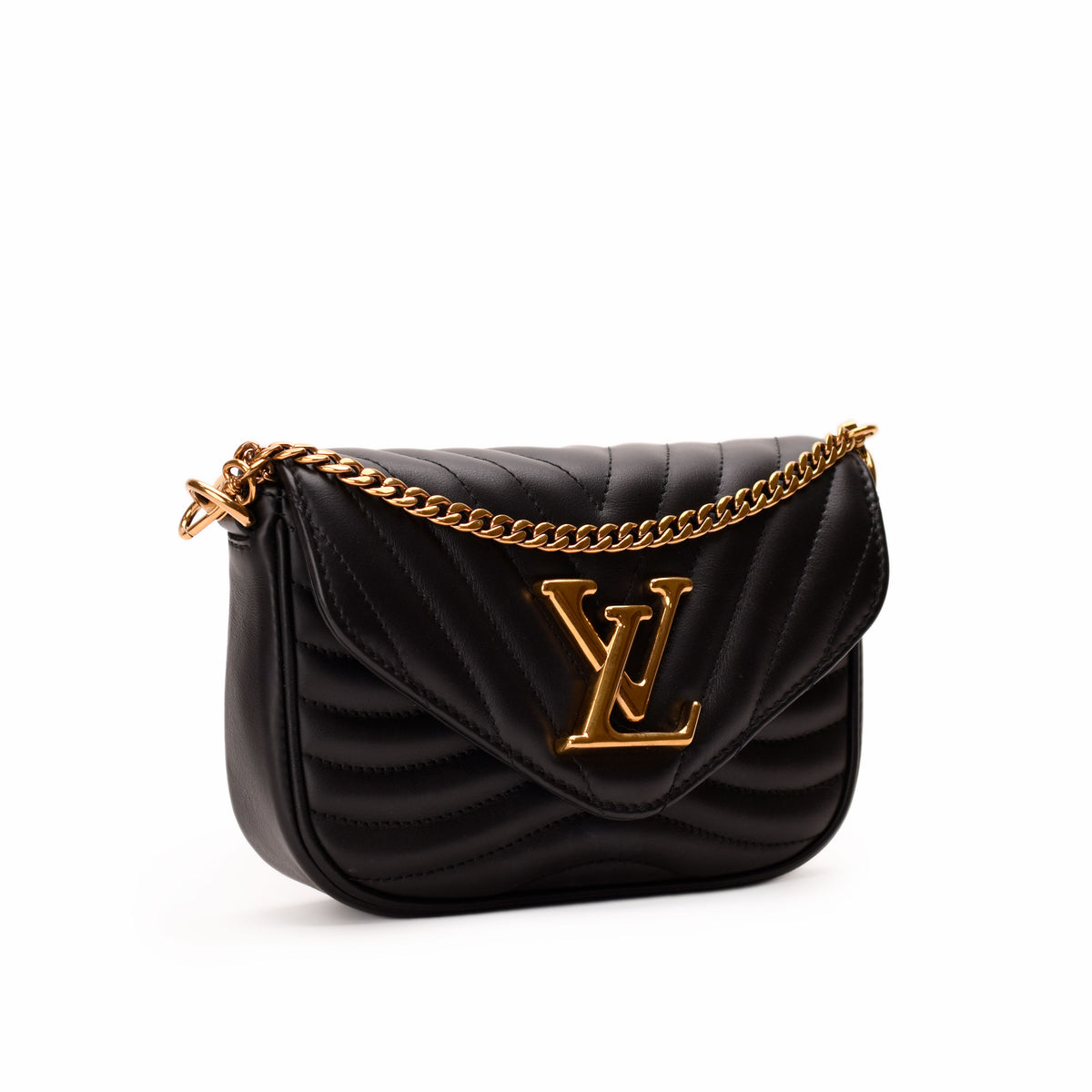 Black quilted leather Louis Vuitton handbag with gold chain and LV logo. curated Pre-loved Luxury by Myluxe in Helsinki.