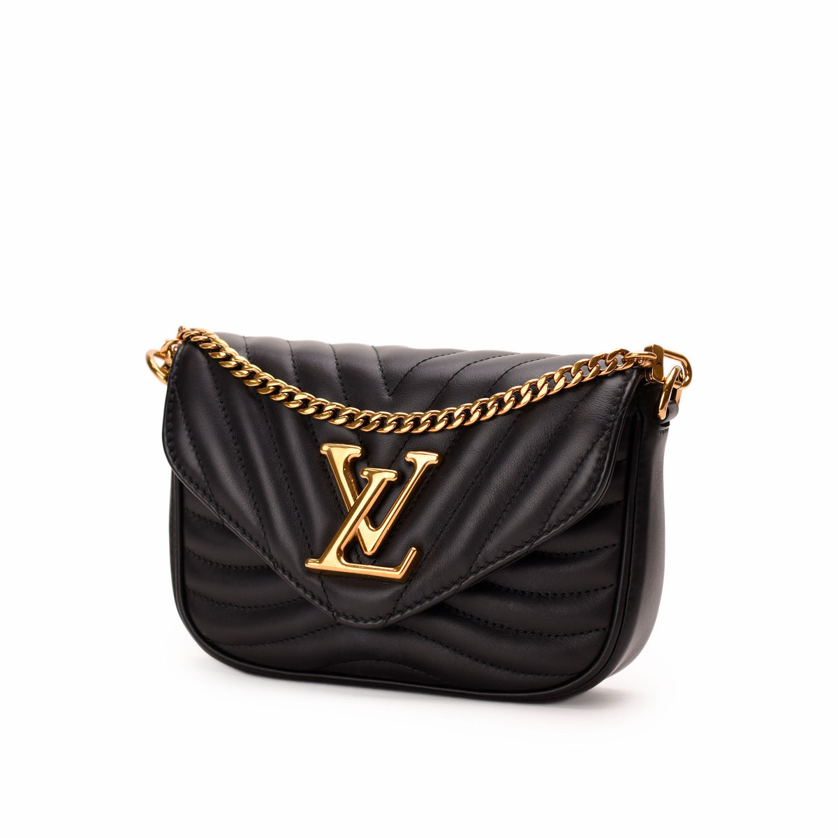 Black quilted leather Louis Vuitton crossbody bag with gold chain and LV logo. curated Pre-loved Luxury by Myluxe in Helsinki.