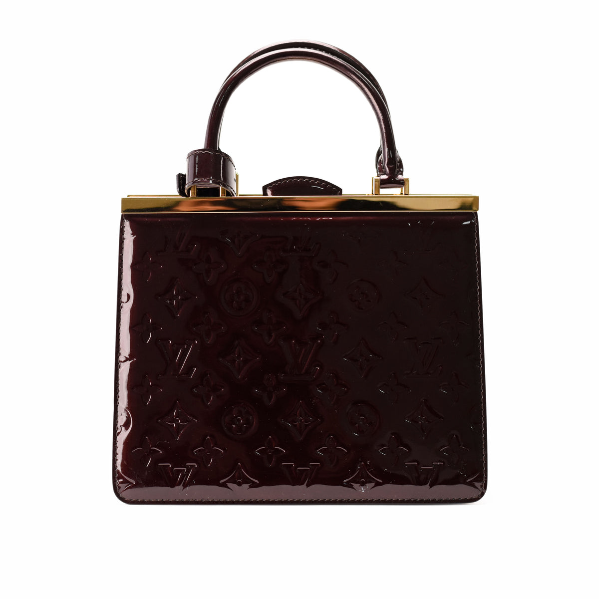 Dark burgundy patent leather Louis Vuitton monogram handbag with gold-tone hardware, curated Pre-loved Luxury by Myluxe in Helsinki.