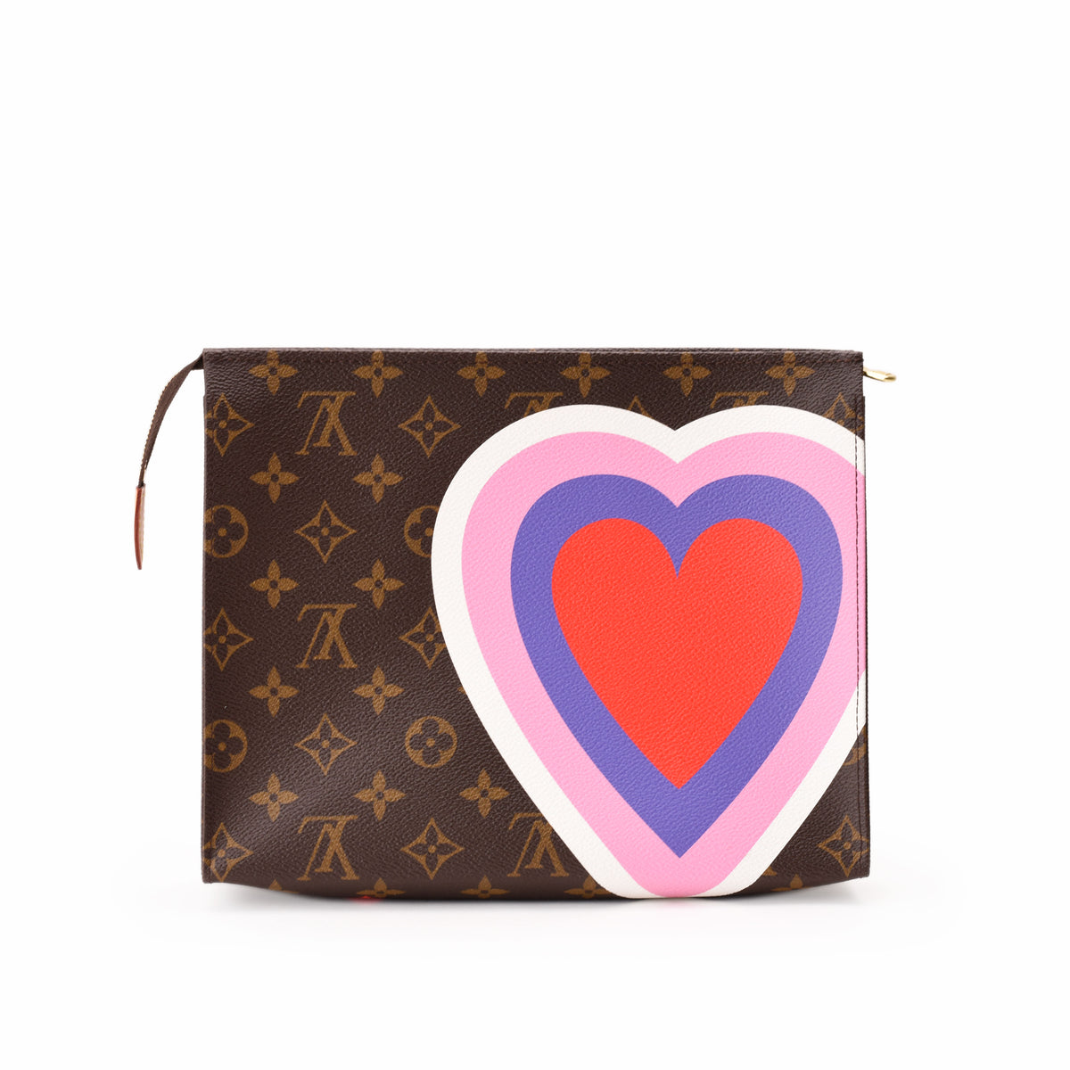 Louis Vuitton monogram canvas clutch with colorful heart graphic. curated Pre-loved Luxury by Myluxe in Helsinki.