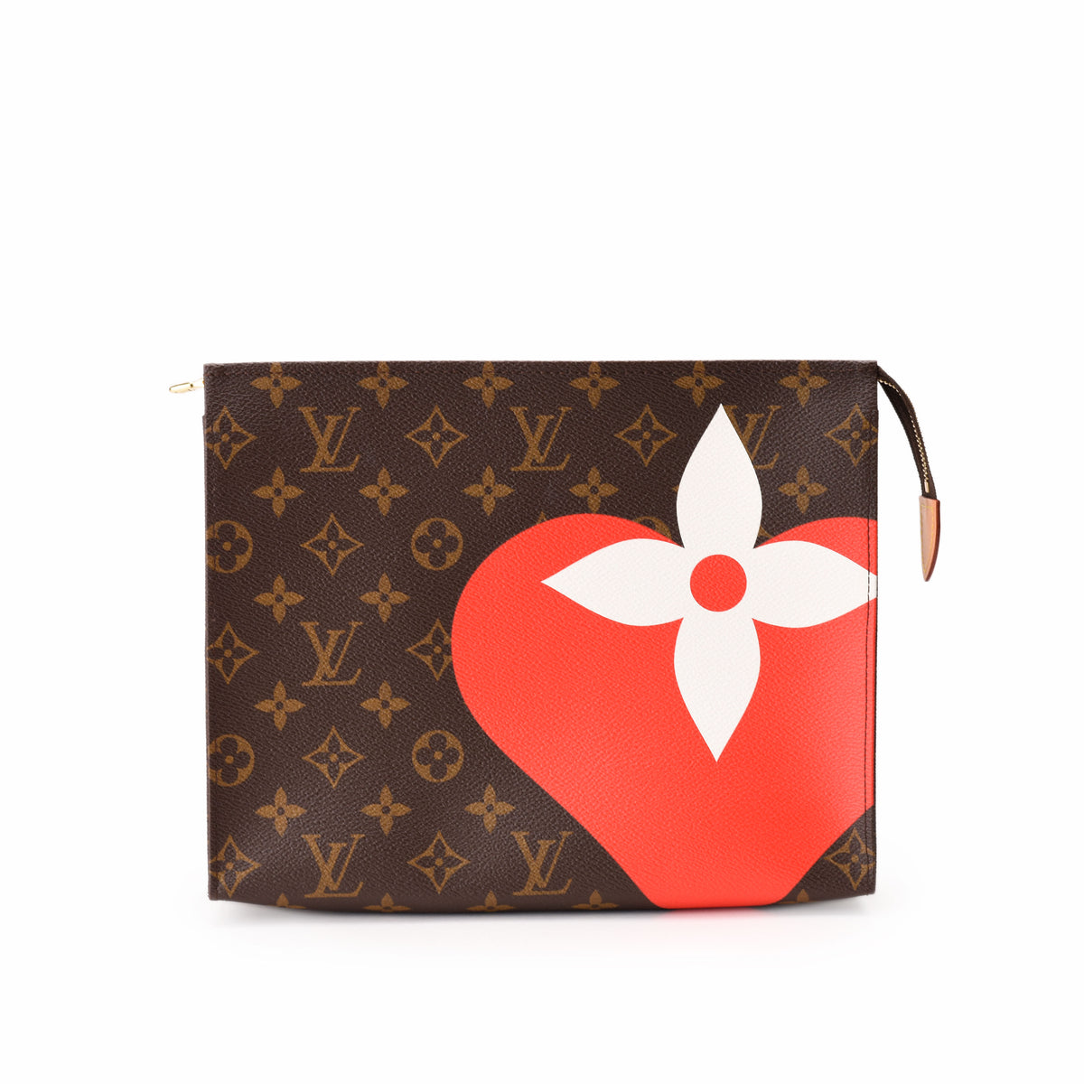 Louis Vuitton monogram canvas clutch with red heart and white flower motif. curated Pre-loved Luxury by Myluxe in Helsinki.