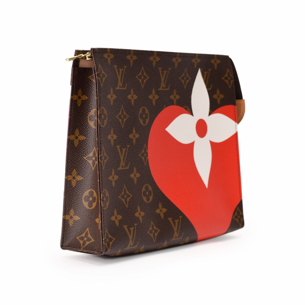 Louis Vuitton Monogram canvas pouch with red heart and white flower motif. curated Pre-loved Luxury by Myluxe in Helsinki.