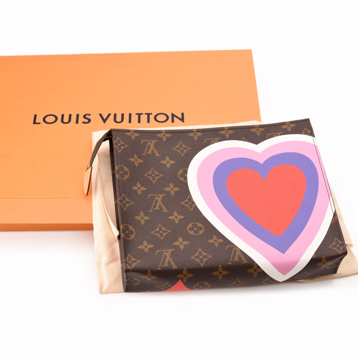 Louis Vuitton monogram canvas pouch with large pink and red heart graphic. curated Pre-loved Luxury by Myluxe in Helsinki.