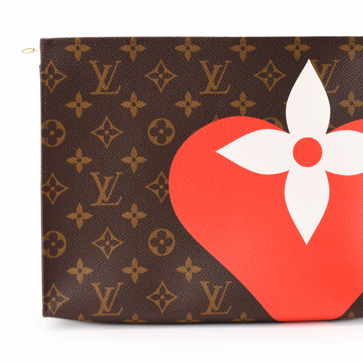 Louis Vuitton monogram canvas clutch with red heart and white flower detail. curated Pre-loved Luxury by Myluxe in Helsinki.