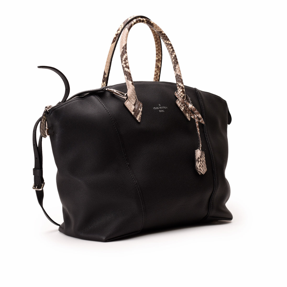 Louis Vuitton black grained leather handbag with snakeskin pattern handles. curated Pre-loved Luxury by Myluxe in Helsinki.