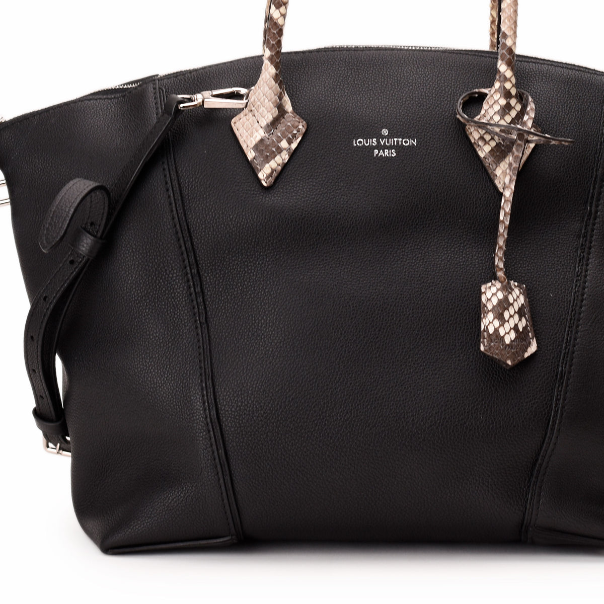 Black pebbled leather Louis Vuitton handbag with snakeskin trim, curated Pre-loved Luxury by Myluxe in Helsinki.
