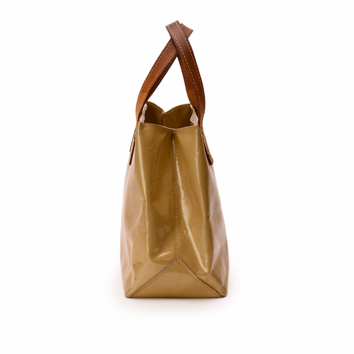 Tan patent leather tote bag with brown leather handles. curated Pre-loved Luxury by Myluxe in Helsinki.