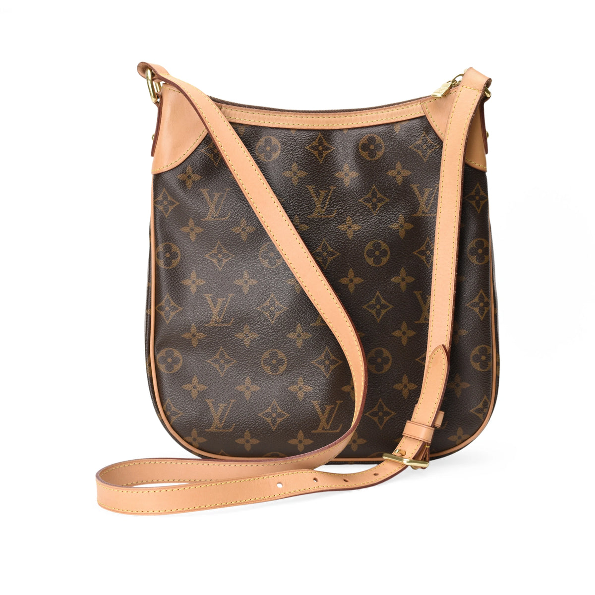 Louis Vuitton Odeon PM Monogram canvas shoulder bag in brown with tan leather strap. curated Pre-loved Luxury by Myluxe in Helsinki.