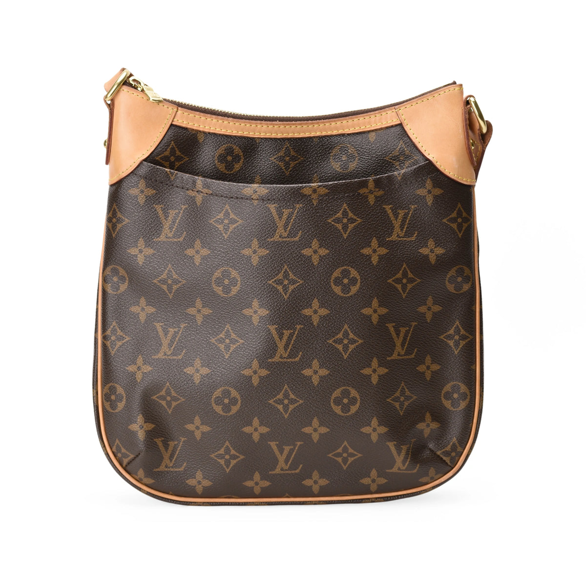 Louis Vuitton Odeon PM shoulder bag in brown Monogram canvas with tan leather trim. Curated Pre-loved Luxury by Myluxe in Helsinki.