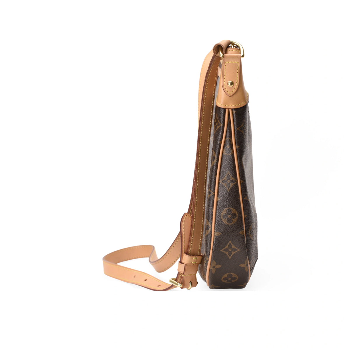 Side view of Louis Vuitton Odeon PM in brown Monogram canvas with tan leather strap. curated Pre-loved Luxury by Myluxe in Helsinki.