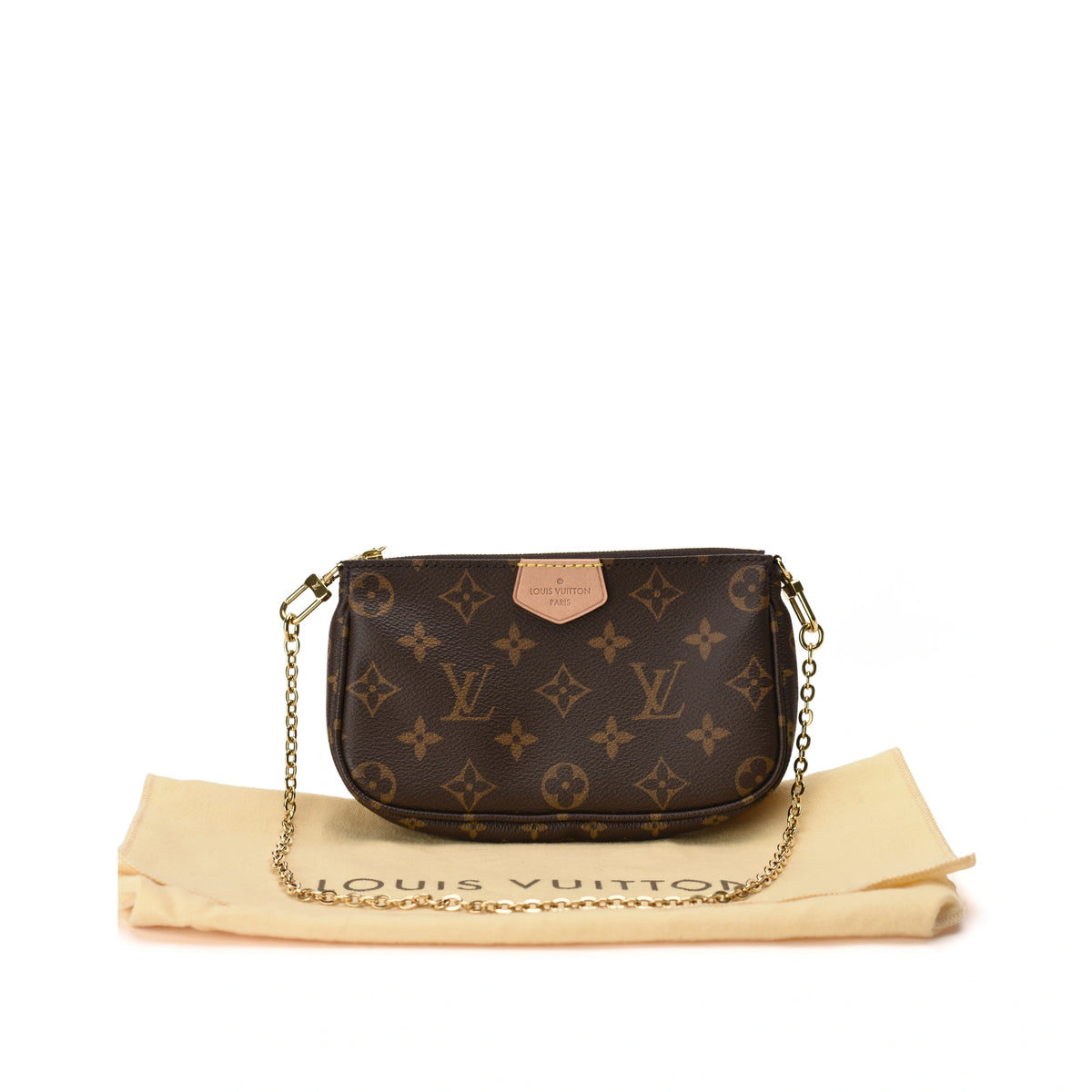 Louis Vuitton Monogram Canvas Multi Pochette Mini Pochette Bag in brown with gold chain. curated Pre-loved Luxury by Myluxe in Helsinki.