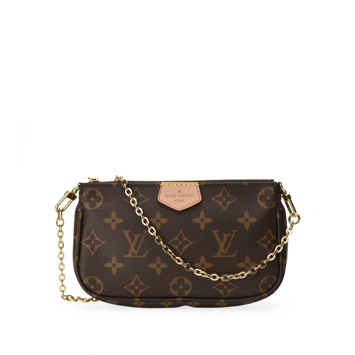 Louis Vuitton Monogram Canvas Multi Pochette Mini in brown with gold chain. curated Pre-loved Luxury by Myluxe in Helsinki.