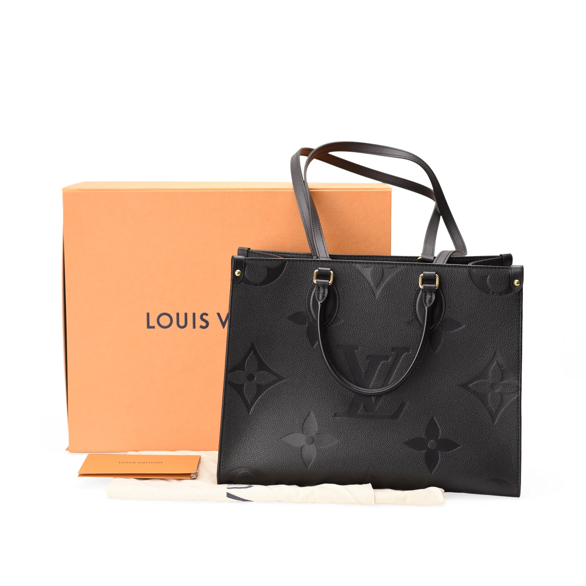 Black leather Louis Vuitton Onthego MM tote with embossed monogram, curated Pre-loved Luxury by Myluxe in Helsinki.