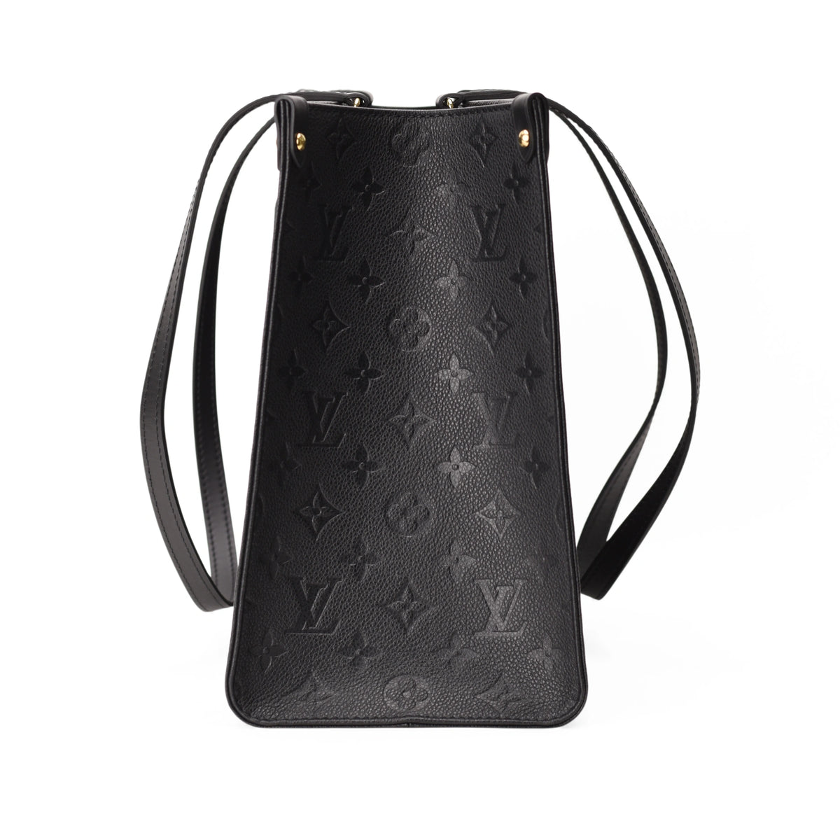 Louis Vuitton Onthego MM in black embossed leather with monogram pattern. curated Pre-loved Luxury by Myluxe in Helsinki.