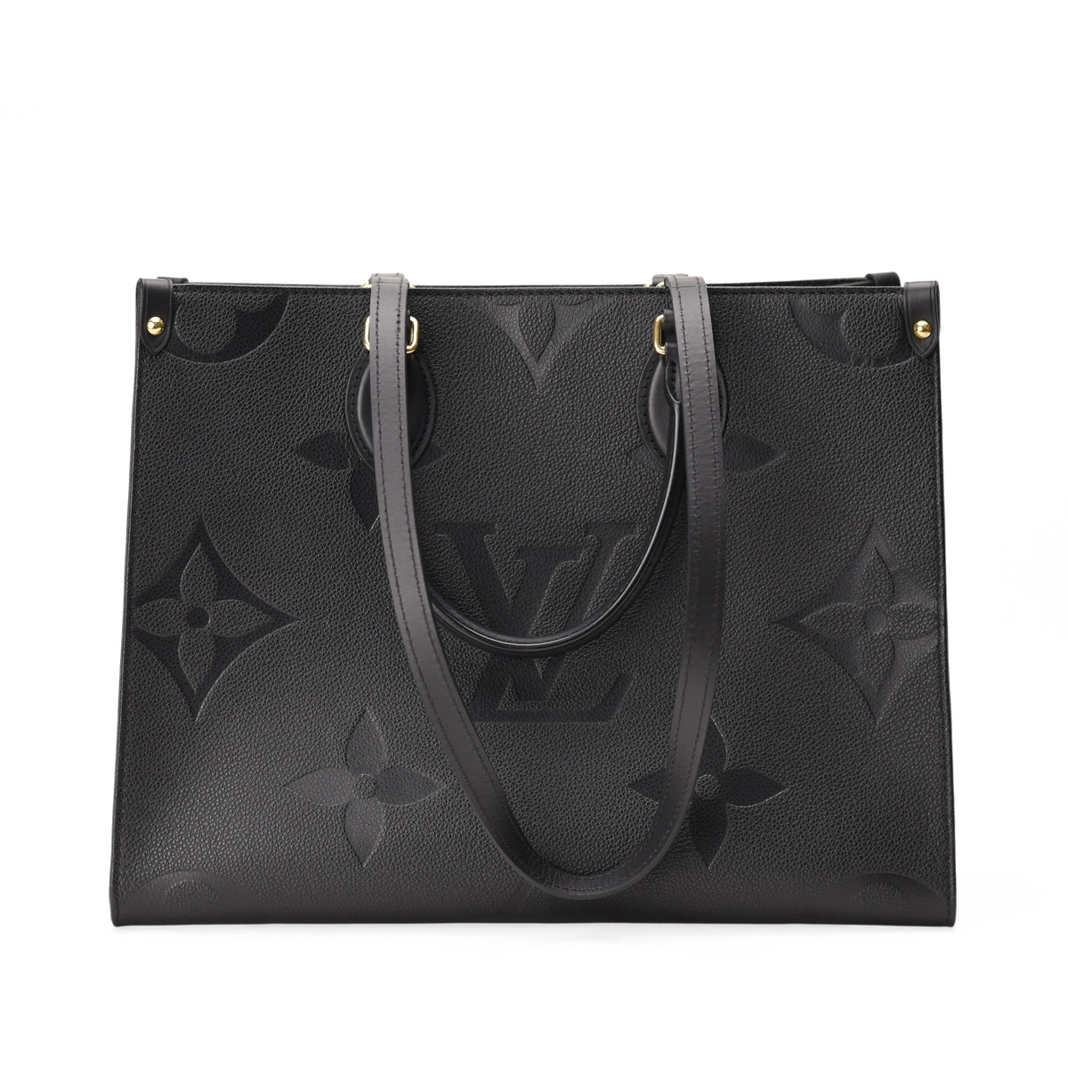Louis Vuitton Onthego MM in black grained leather with embossed monogram, curated Pre-loved Luxury by Myluxe in Helsinki.