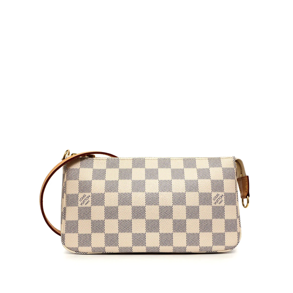 Louis Vuitton Pochette Accessoires in Damier Azur canvas with tan leather strap. curated Pre-loved Luxury by Myluxe in Helsinki.