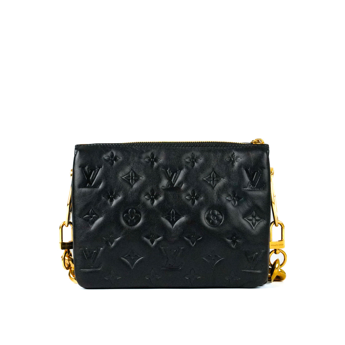 Black embossed leather Louis Vuitton monogram crossbody bag with gold hardware, curated Pre-loved Luxury by Myluxe in Helsinki.
