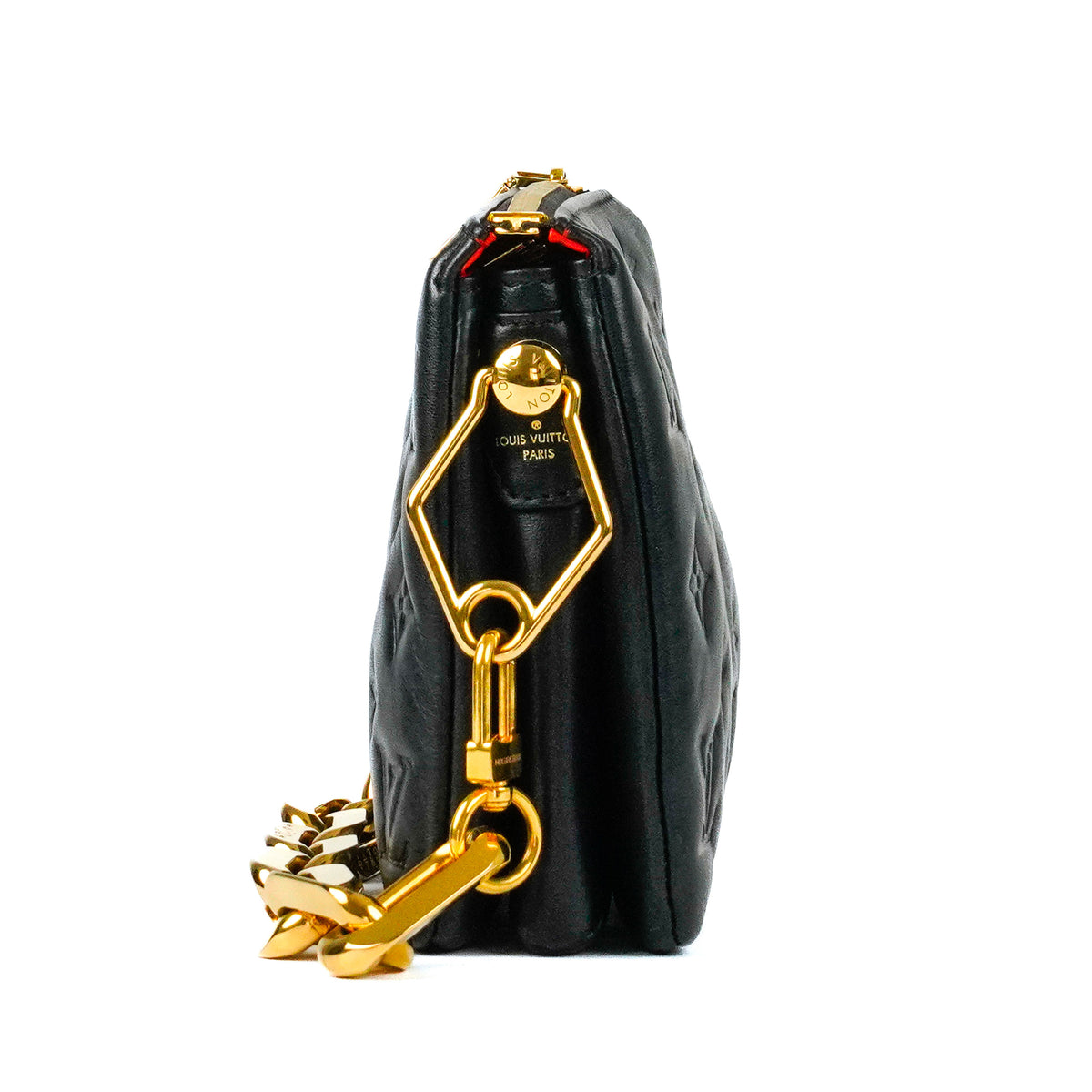 Black quilted leather Louis Vuitton clutch with gold-tone chain strap, curated Pre-loved Luxury by Myluxe in Helsinki.