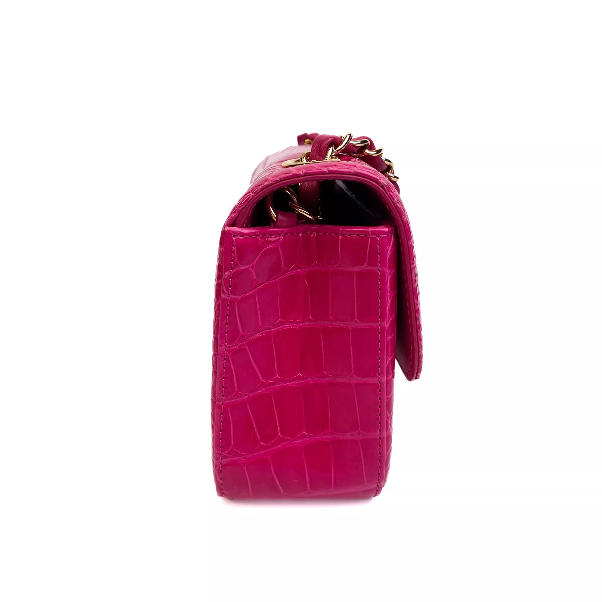 Chanel Classic Mini Flap Bag Shiny Alligator in Fuchsia Rose with Gold Hardware Left Side