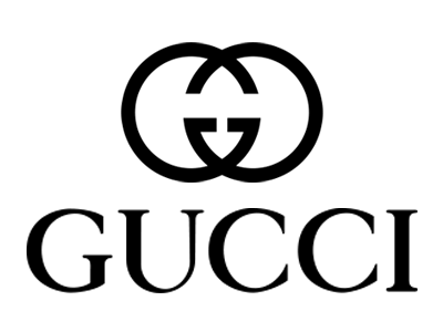 Black Gucci interlocking G logo and brand name typography on a white background.