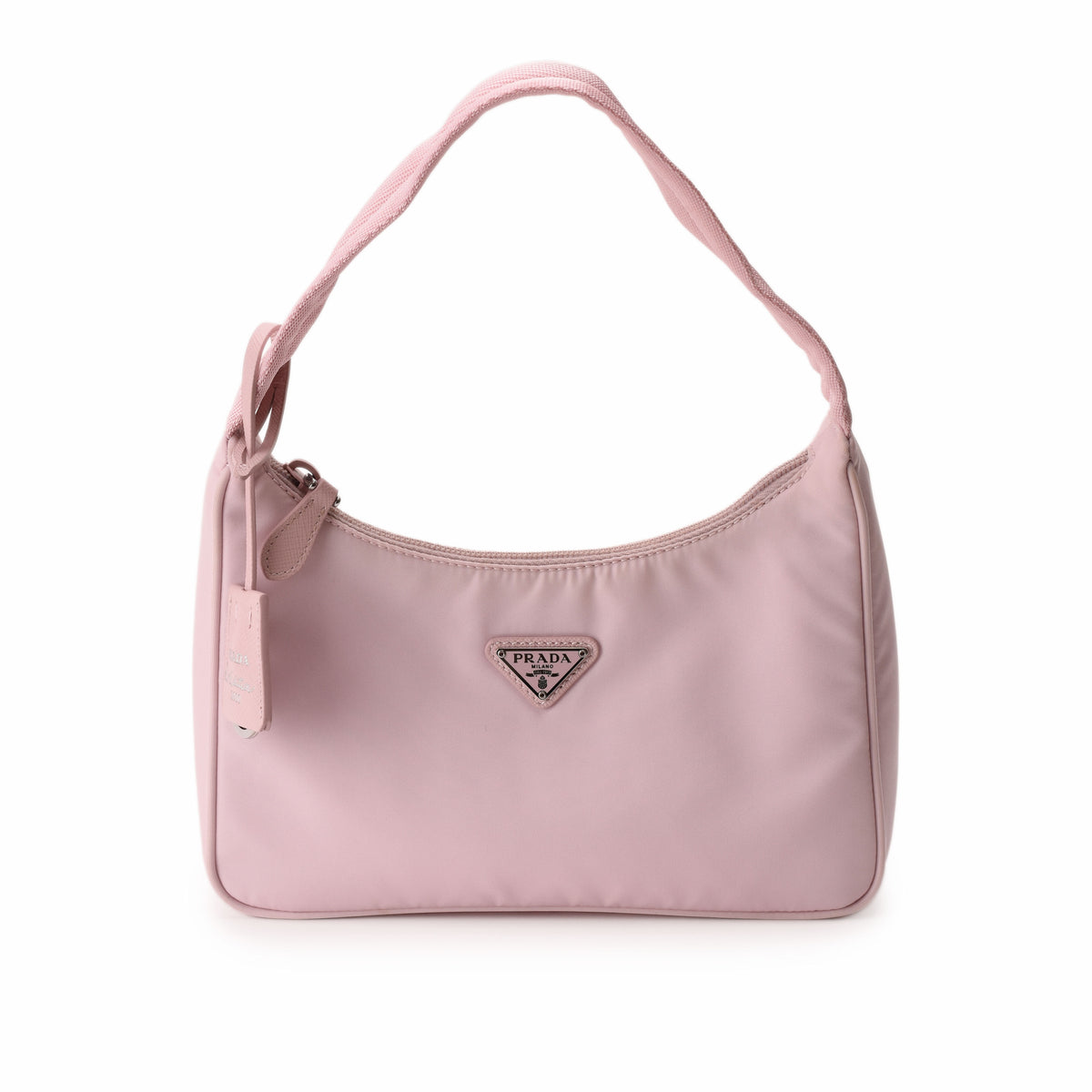 Pink Prada nylon shoulder bag with silver-tone logo, curated Pre-loved Luxury by Myluxe in Helsinki.