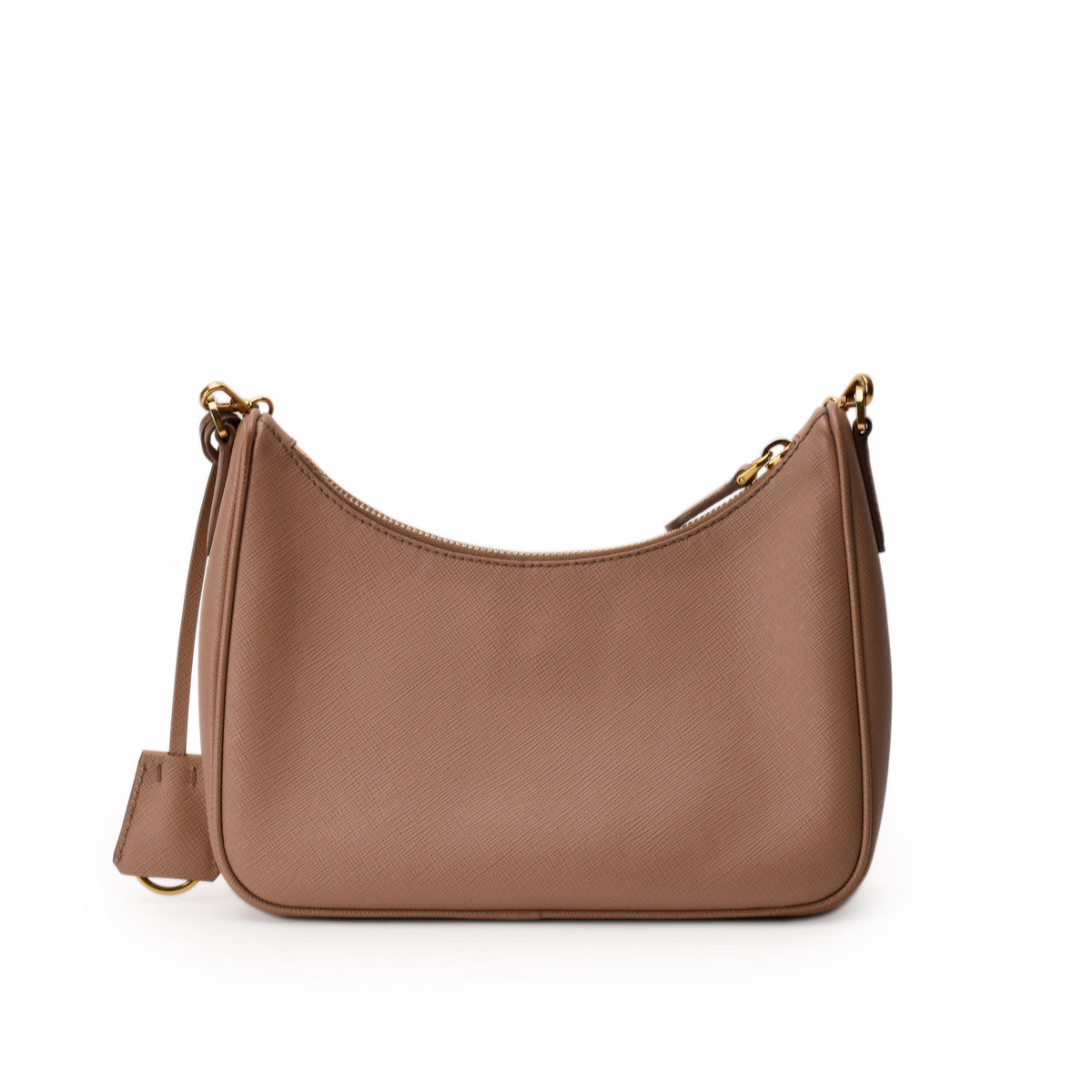 Taupe textured leather crescent shoulder bag with gold-tone hardware, curated Pre-loved Luxury by Myluxe in Helsinki.