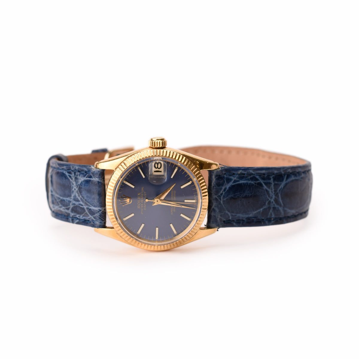 Gold Rolex Oyster Perpetual watch with blue dial and blue leather strap. curated Pre-loved Luxury by Myluxe in Helsinki.