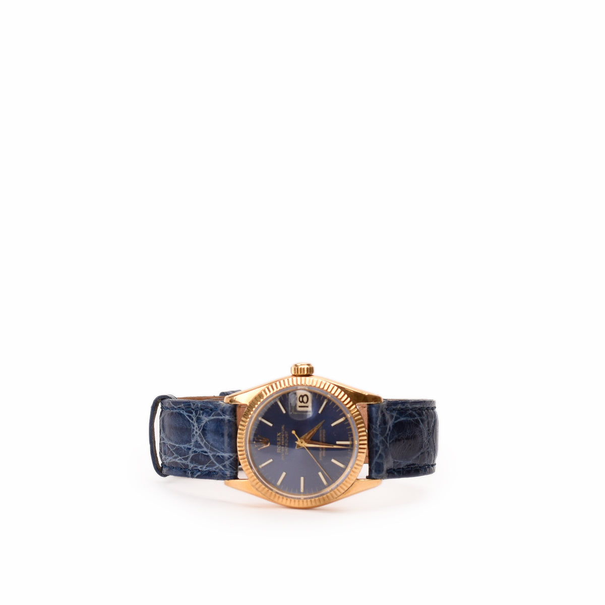 Gold Rolex watch with blue dial and navy alligator leather strap. curated Pre-loved Luxury by Myluxe in Helsinki.
