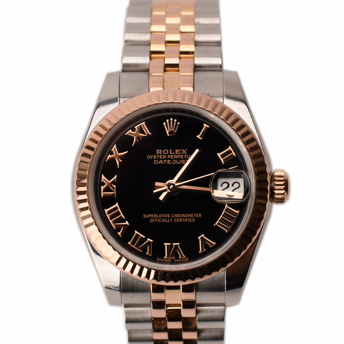 Rolex Datejust watch with black dial, gold Roman numerals, and two-tone steel and gold bracelet, curated Pre-loved Luxury by Myluxe in Helsinki.