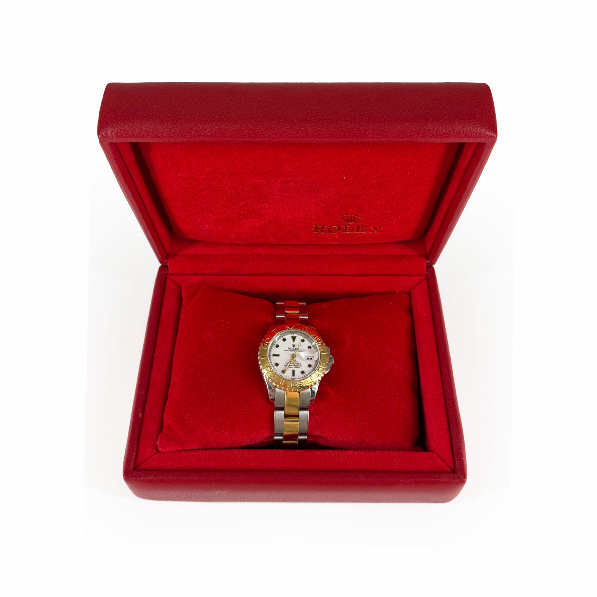 Rolex two-tone gold and silver steel wristwatch with white dial in a red box, curated Pre-loved Luxury by Myluxe in Helsinki.