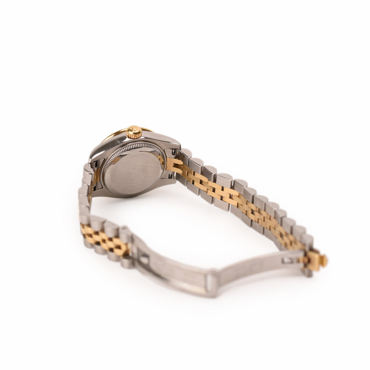 Two-tone silver and gold Rolex watch bracelet and case back, curated Pre-loved Luxury by Myluxe in Helsinki.