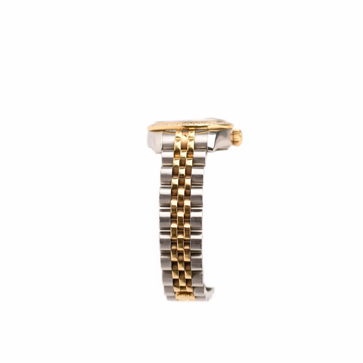 Side view of a two-tone gold and silver Rolex watch bracelet, curated Pre-loved Luxury by Myluxe in Helsinki.