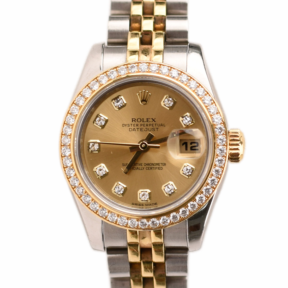 Rolex Datejust luxury watch with gold dial, diamond bezel, and two-tone bracelet. curated Pre-loved Luxury by Myluxe in Helsinki.