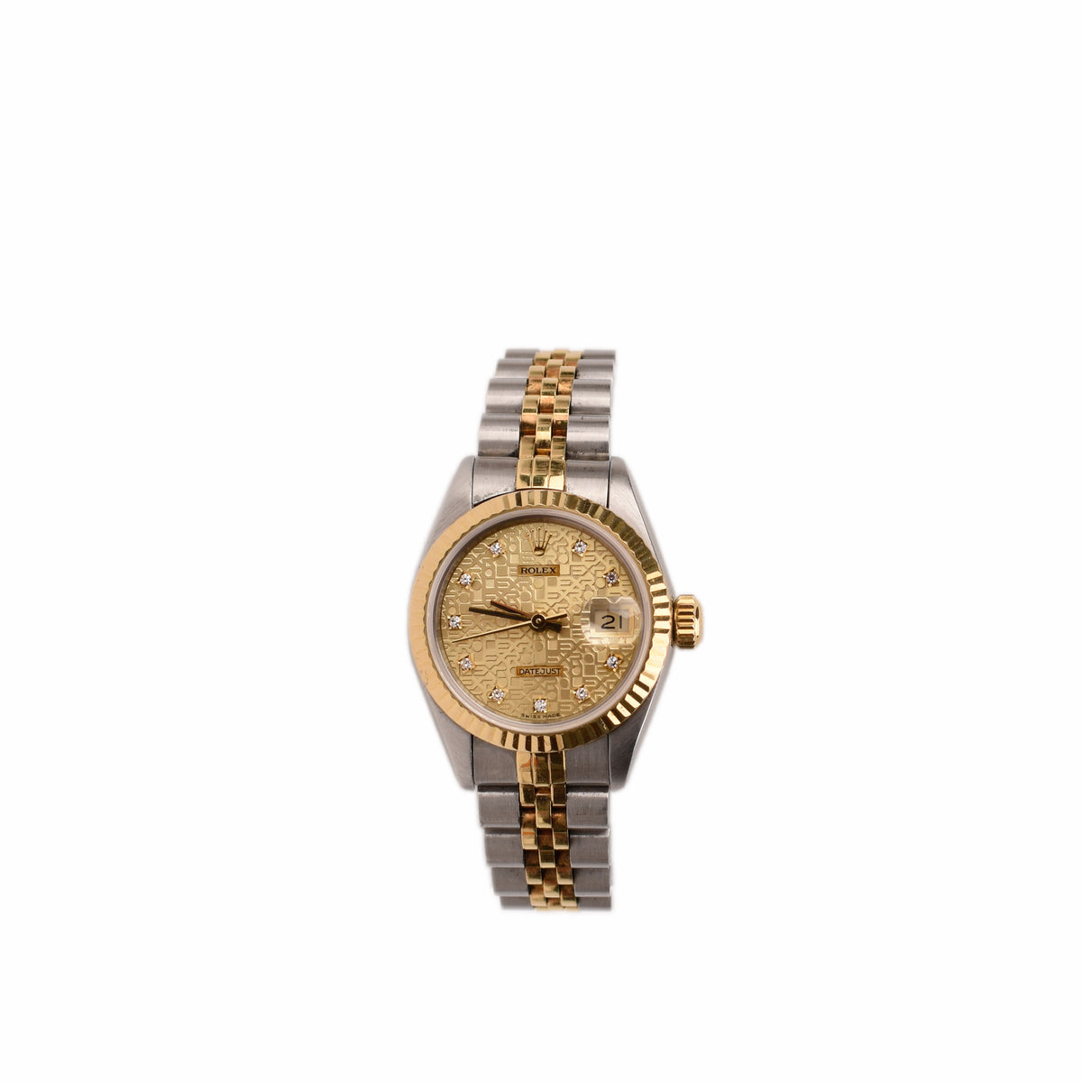 Gold and silver two-tone Rolex Datejust watch with diamond dial, curated Pre-loved Luxury by Myluxe in Helsinki.