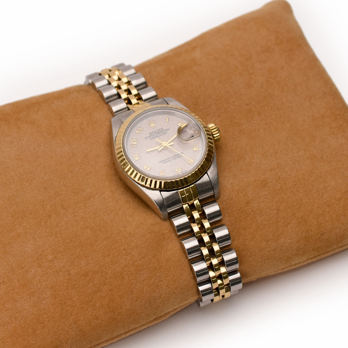 Two-tone gold and silver Rolex Oyster Perpetual watch with champagne dial, curated Pre-loved Luxury by Myluxe in Helsinki.
