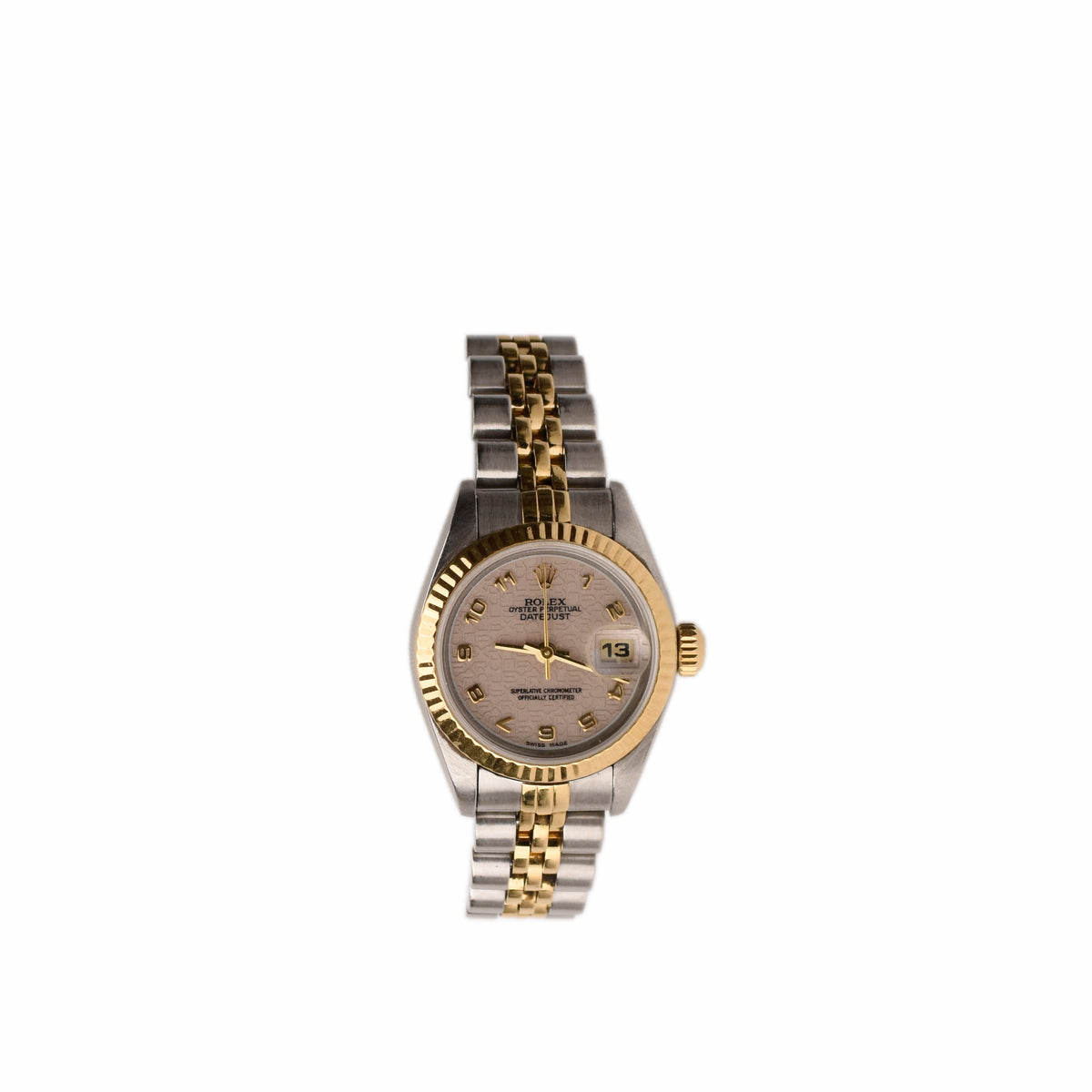 Two-tone silver and gold stainless steel luxury watch with a champagne dial, curated Pre-loved Luxury by Myluxe in Helsinki.