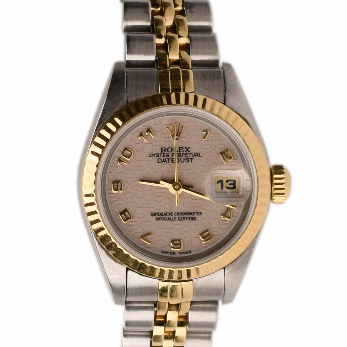 Rolex Datejust watch with champagne textured dial and two-tone steel and gold bracelet, curated Pre-loved Luxury by Myluxe in Helsinki.