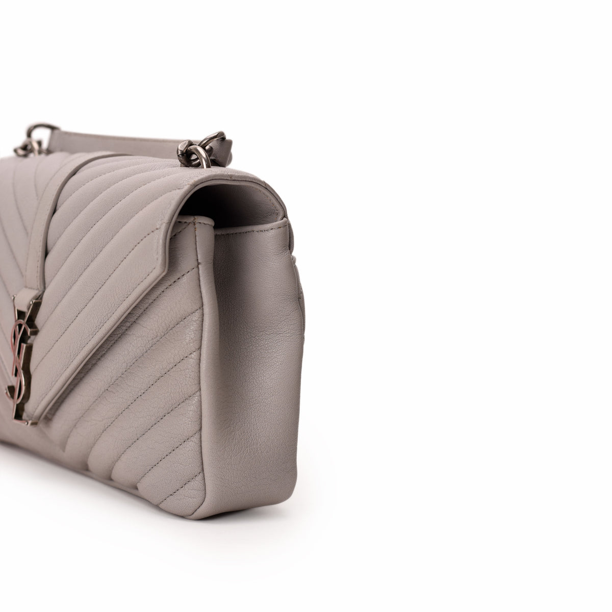 Taupe quilted leather Saint Laurent shoulder bag with silver YSL logo, curated Pre-loved Luxury by Myluxe in Helsinki.