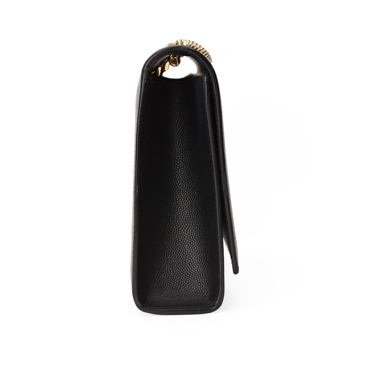Side view of Saint Laurent black grained leather Kate flap bag, curated Pre-loved Luxury by Myluxe in Helsinki.