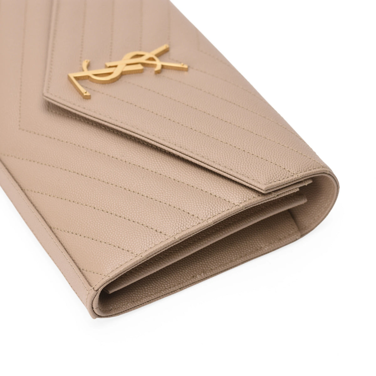 Saint Laurent Cassandre chain wallet in dark beige grain de poudre leather. curated Pre-loved Luxury by Myluxe in Helsinki.
